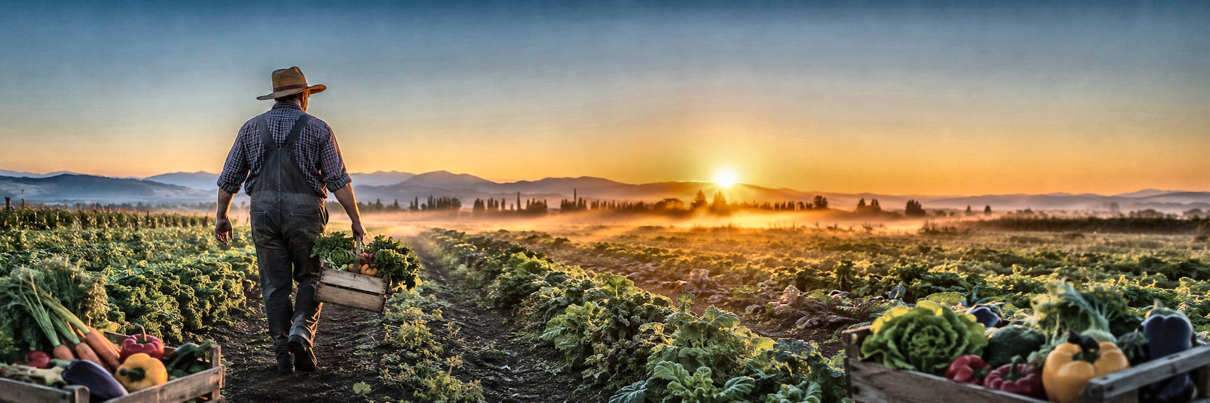 Maraîcher au lever du soleil, cagette de légumes à la main